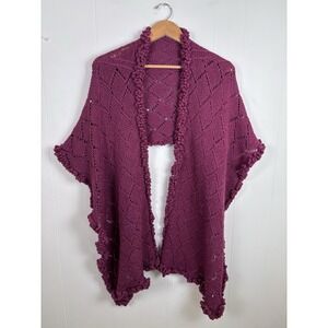 Hand Crocheted Plum Wrap Shawl 69 x 16 Ruffled Edges Knit Spring Shawl Plus Size
